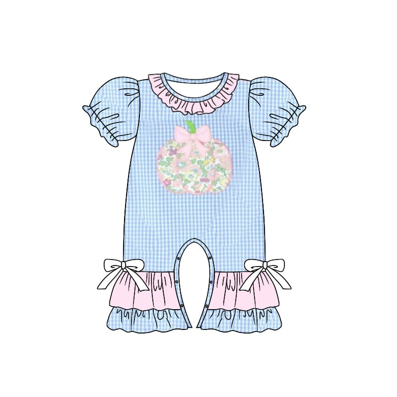 Pre-order Baby Girl Blue Checkered Floral Pumpkin Fall Romper