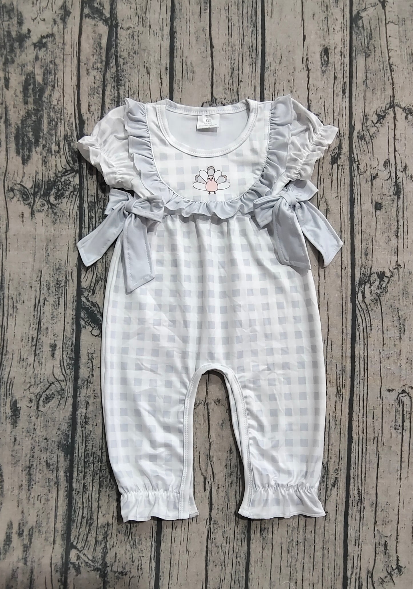 Baby Girl Short Sleeves Thanksgiving turkey Bows Plaid Fall Romper RTS