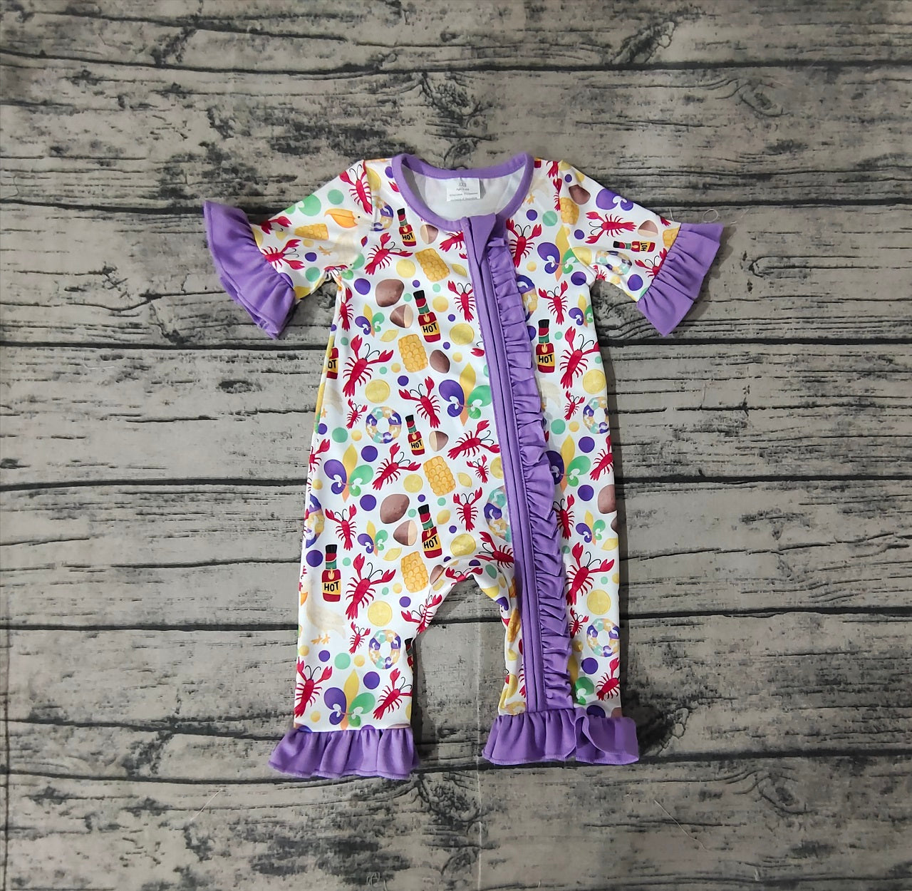 Baby Girl Infant Short Sleeves Mardi Gras Anchor Crawfish Zipper Romper