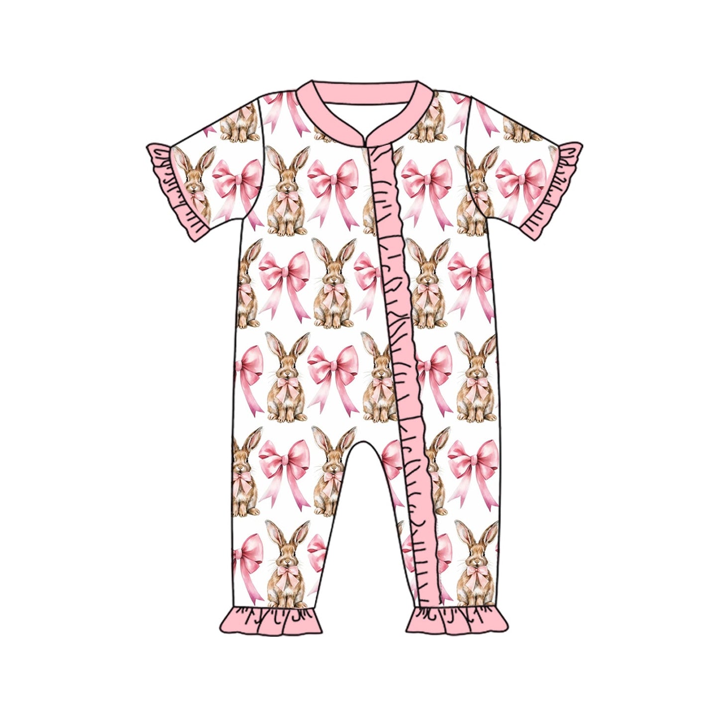 Pre-order Baby Girl Infant Easter Bunny Pink Bows Zipper Romper