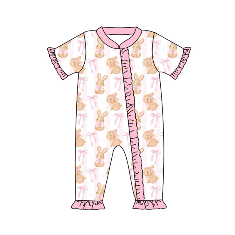 Pre-order Baby Girl Infant Easter Short Sleeves Rabbit Bows Zipper Romper