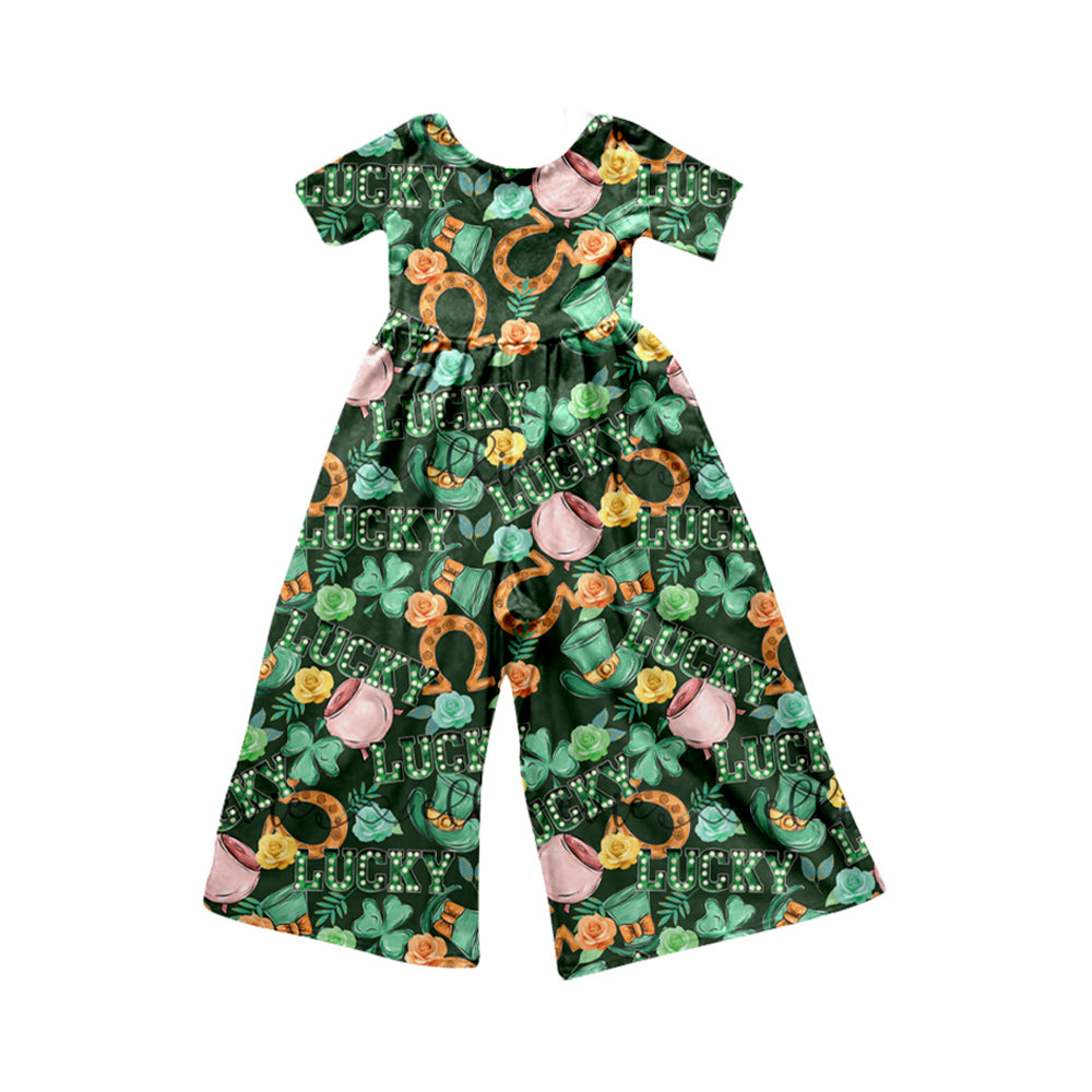 Pre-order Baby Girl St Patrick Day Pocket Green Short Sleeves Jumpsuit