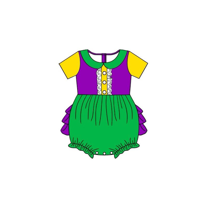 Pre-order Baby Girl Infant Short Sleeves Mardi Gras Bubble Romper