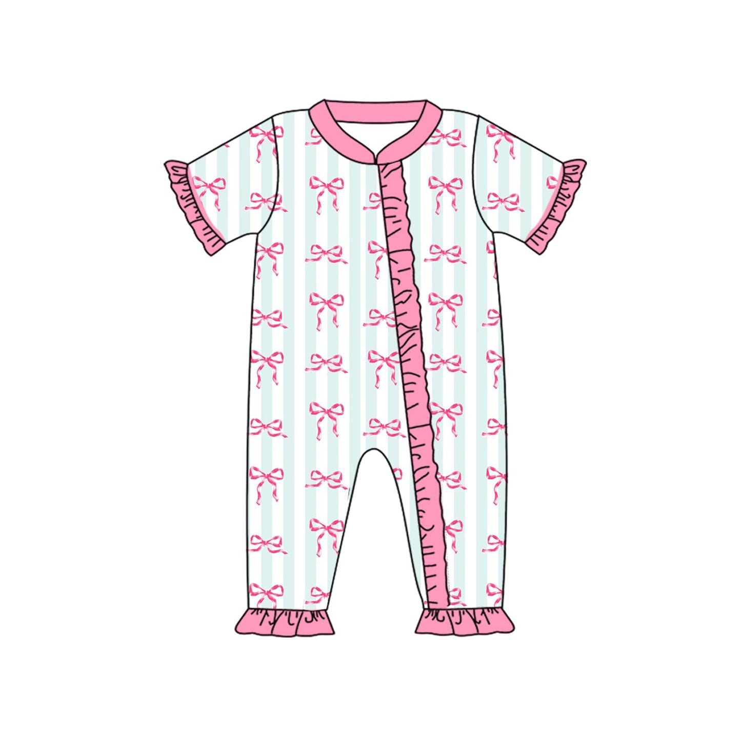 Pre-order Baby Girl Infant Short Sleeves Stripes Bows Zipper Romper