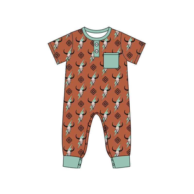 Pre-order Baby Boy Infant Short Sleeves Western Cow Pocket Romper