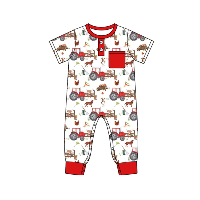 Pre-order Baby Boy Infant Short Sleeves Farm Trucks Pocket Romper