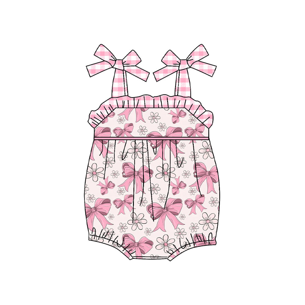 Pre-order Baby Girl Straps Pink Bows Flower Bubble Romper