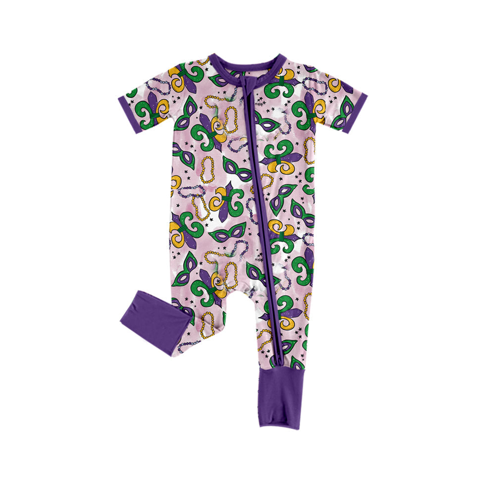 Pre-order Baby Girl Infant Short Sleeves Mardi Gras Masks Zipper Romper