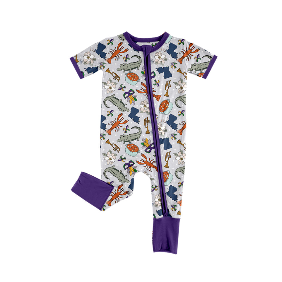 Pre-order Baby Girl Infant Short Sleeves Mardi Gras Zipper Romper
