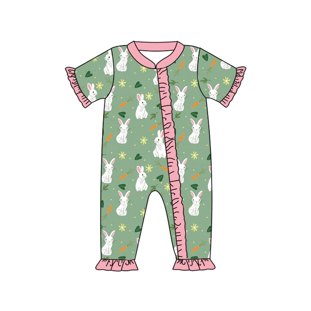 Pre-order Baby Girl Infant Short Sleeves Easter Rabbit Carrots Zipper Romper
