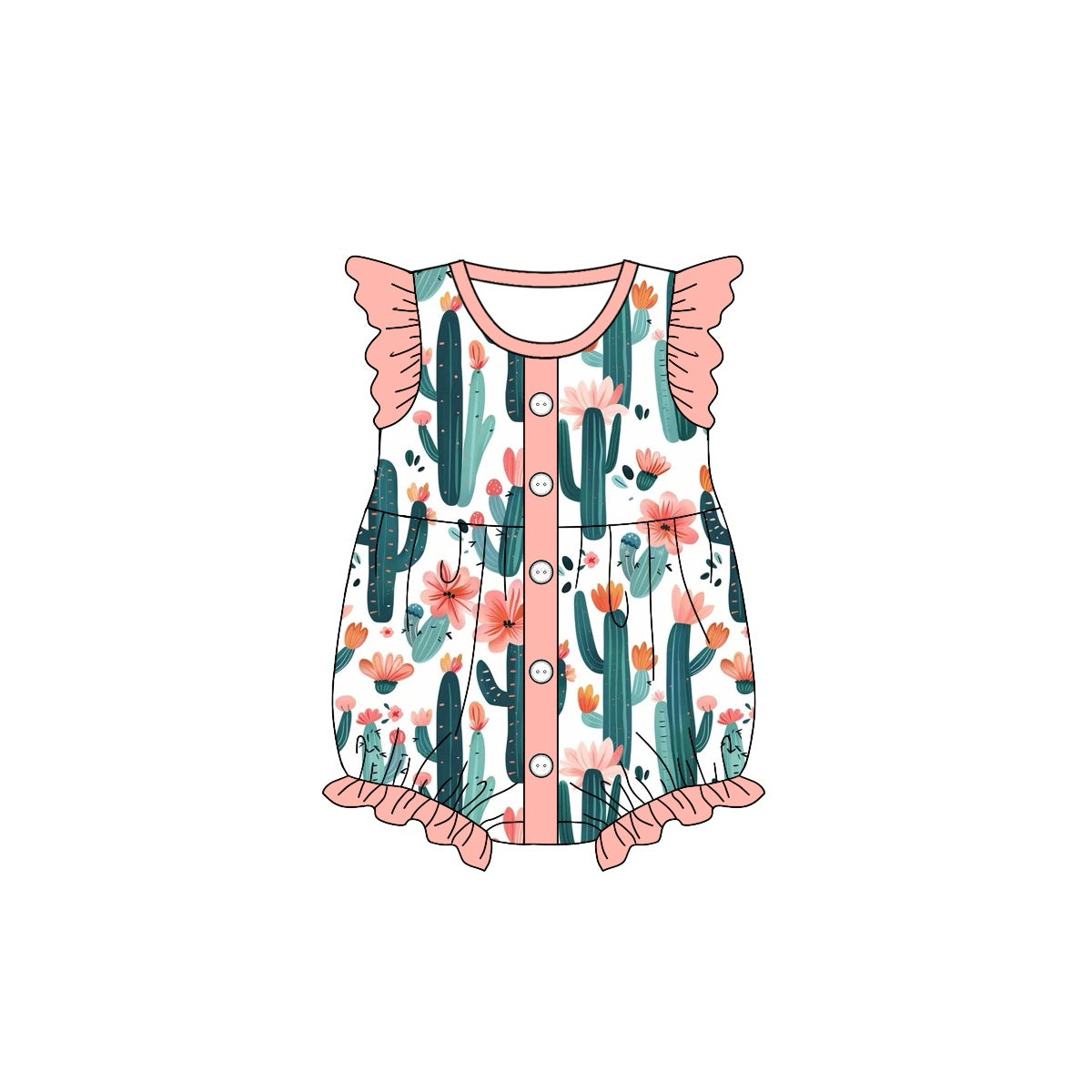 Pre-order Baby Girl Infant Short Sleeves Cactus Buttons Bubble Romper