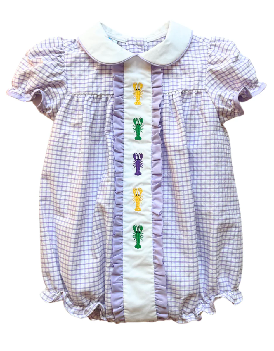 Pre-order Baby Girl Infant Short Sleeves Mardi Gras Purple Checkered Crawfish Bubble Romper