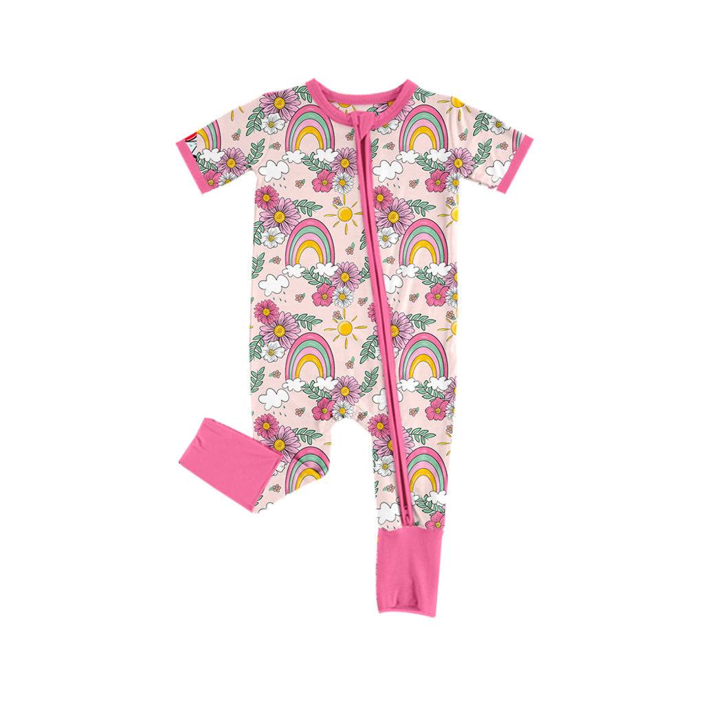 Pre-order Baby Girl Infant Short Sleeves Rainbow Flower Zipper Pink Romper