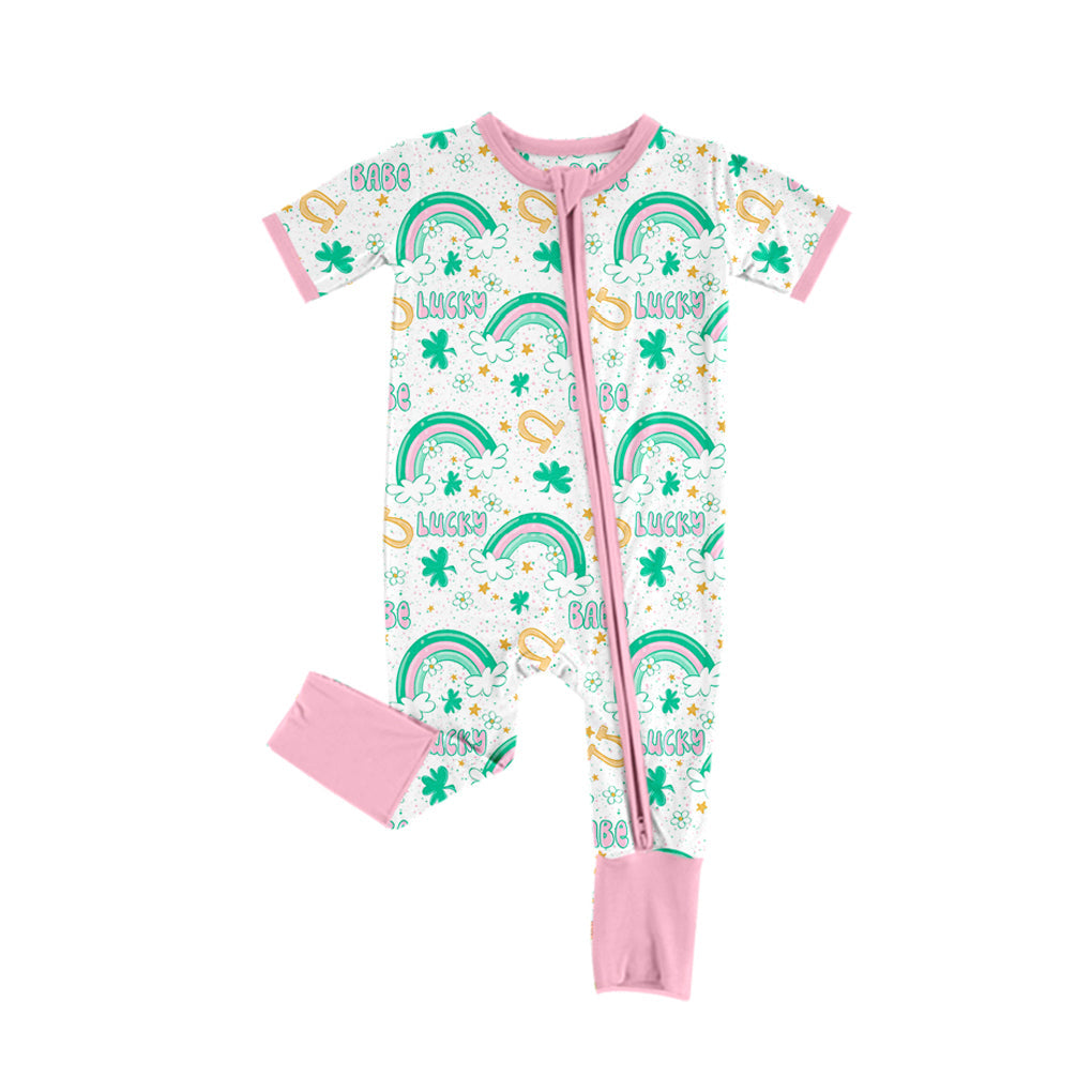 Pre-order Baby Girl Infant Short Sleeves St Patrick Lucky Rainbow Zipper Romper