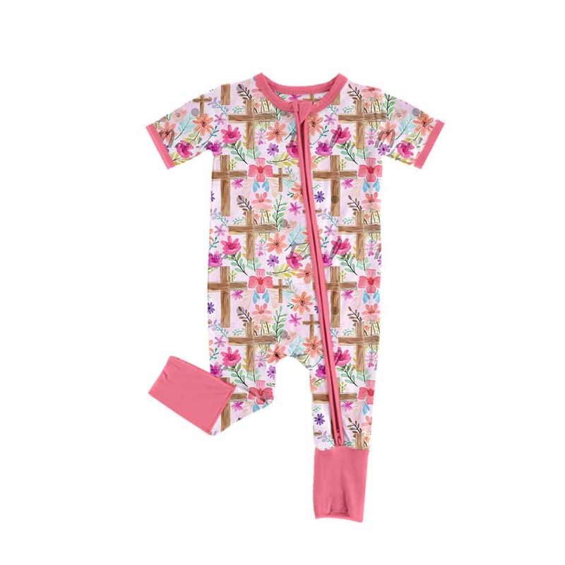 Pre-order Baby Girl Infant Short Sleeves Easter Cross Flower Zipper Romper