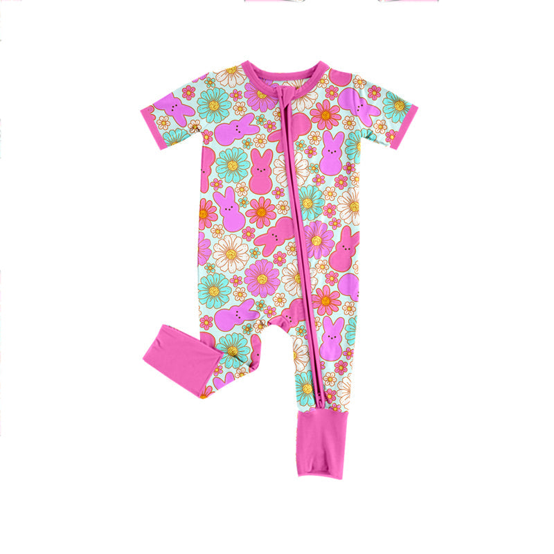 Preorder Baby Girl Infant Easter Rabbit Flower Pink Zipper Romper