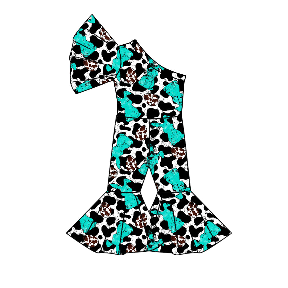 Preorder Baby Girl Easter Rabbit Cow Print One Shoulder Jumpsuit