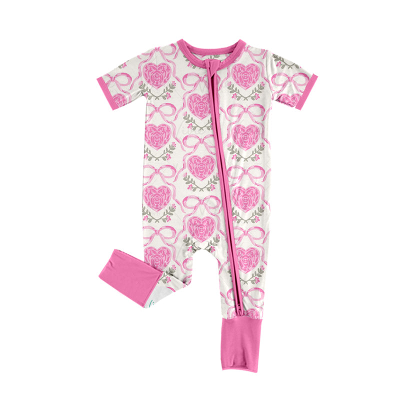 Preorder Baby Girl Infant Flower Hearts Bows Pink Zipper Valentine Romper