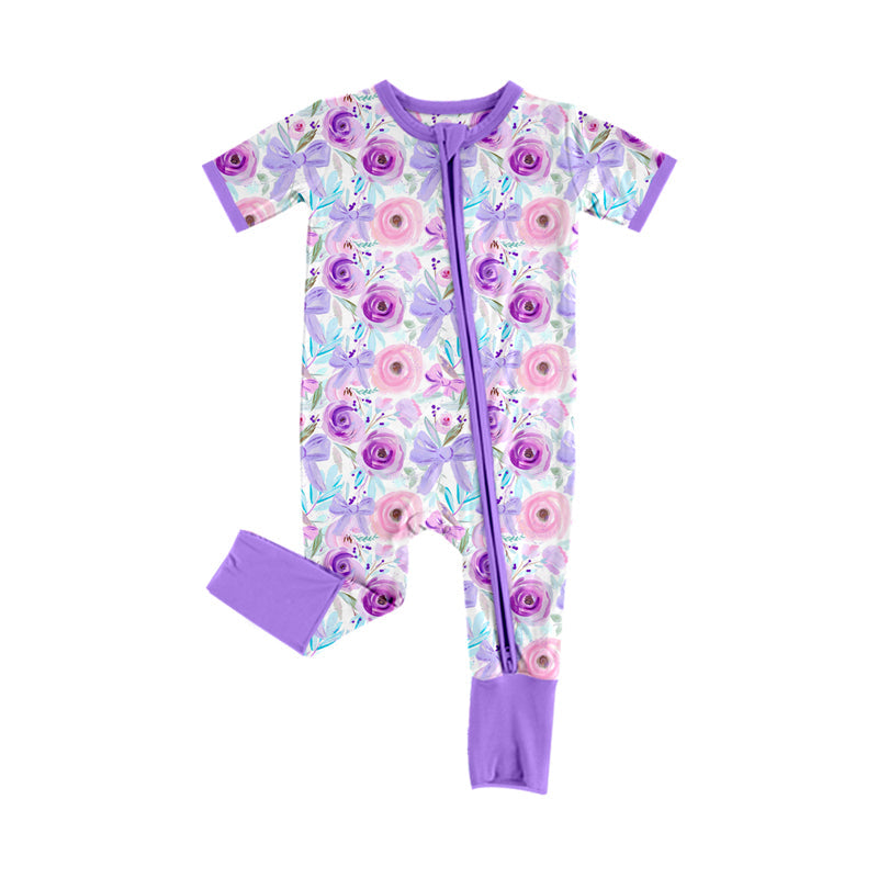 Preorder Baby Girl Infant Purple Flower Bows Zipper Romper