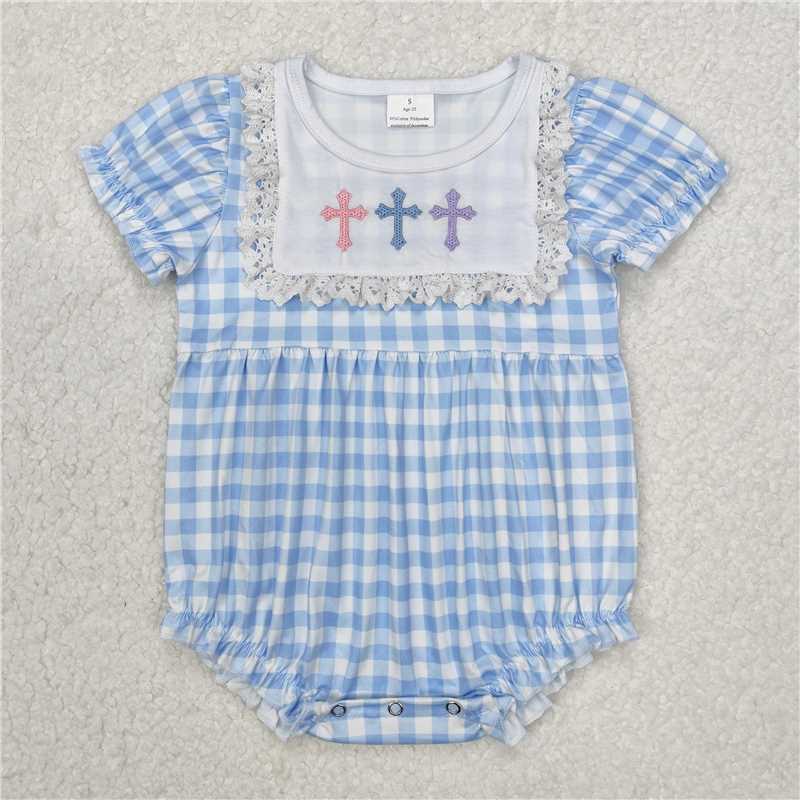 Baby Girl Short Sleeves Embroidery Crosses Blue Plaid Sibling Easter Romper Dress RTS