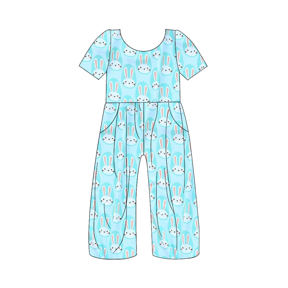 Preorder Baby Girl Kids Short Sleeves Easter Blue Rabbit Pocket Jumpsuit