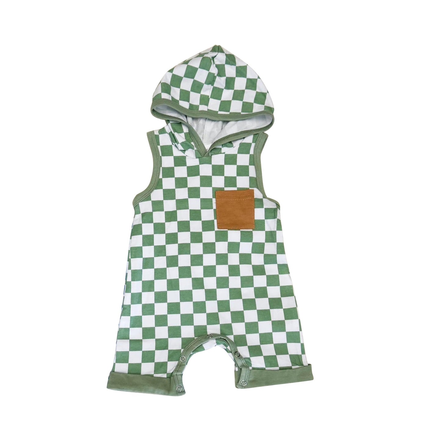 Preorder Baby Boy Infant Sleeveless Green Checkered Pocket Hoodie Romper