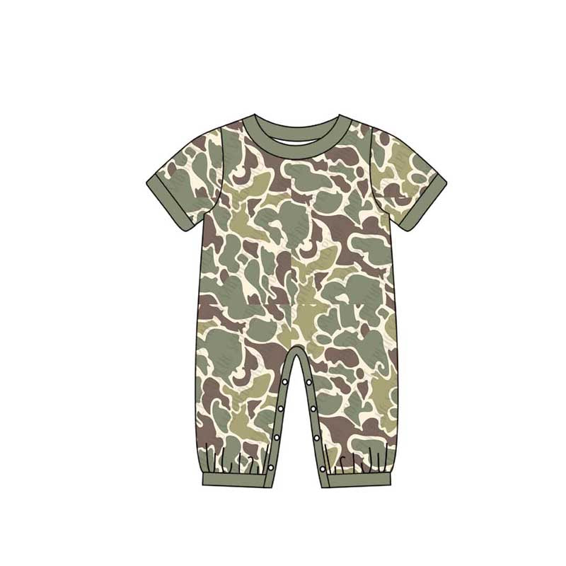 Preorder Baby Boy Short Sleeves Camo Green Buttons Romper