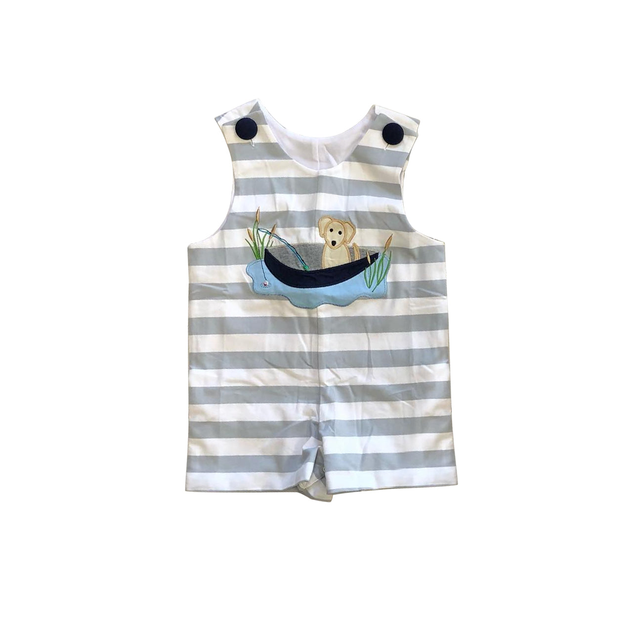 Preorder Baby Boy Infant Sleeveless Stripes Dog Fishing Buttons Romper