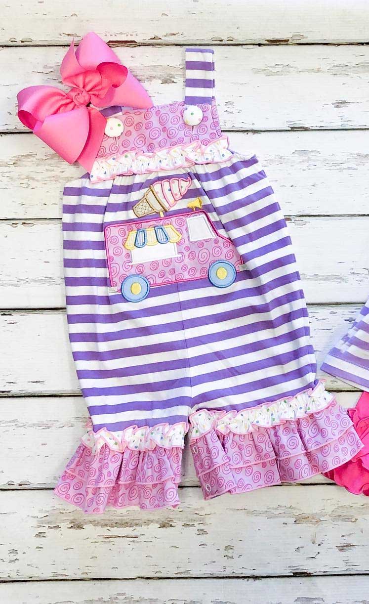 Preorder Baby Girl Sleeveless Stripes Popstick Truck Romper