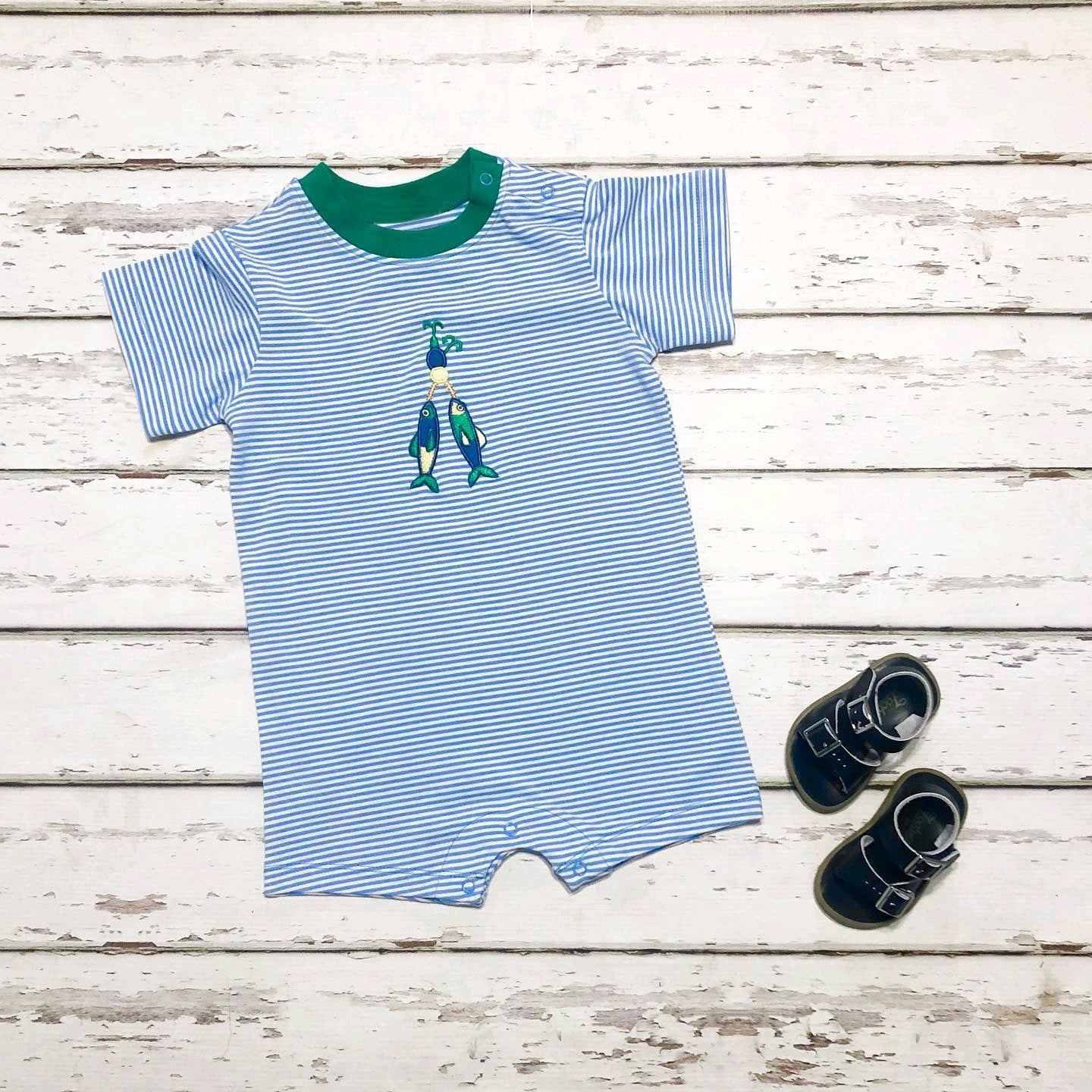 Preorder Baby Boy Infant Short Sleeves Green Stripes Fishing Romper