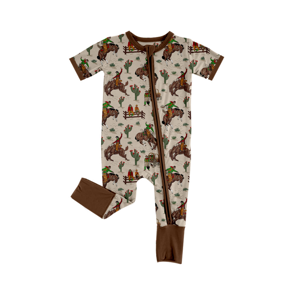 Preorder Baby Boy Infant Short Sleeves Western Rodeo Cactus Zipper Romper