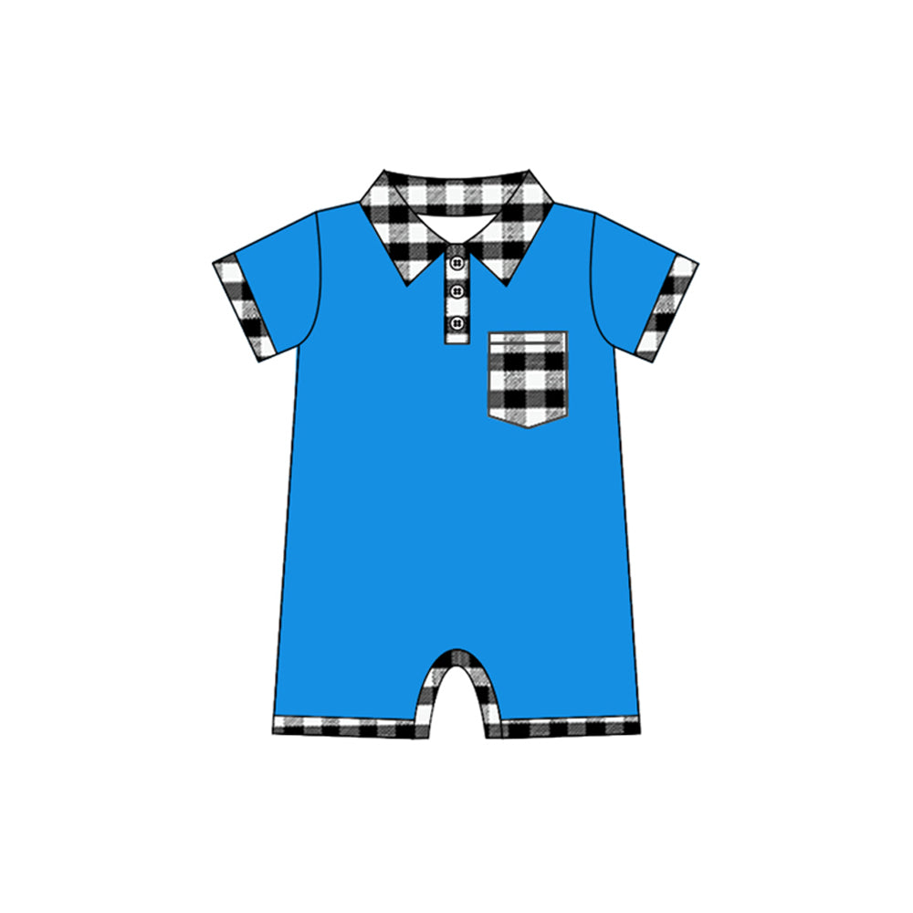 Preorder Baby Boy Infant Short Sleeves Plaid Pocket Blue Romper