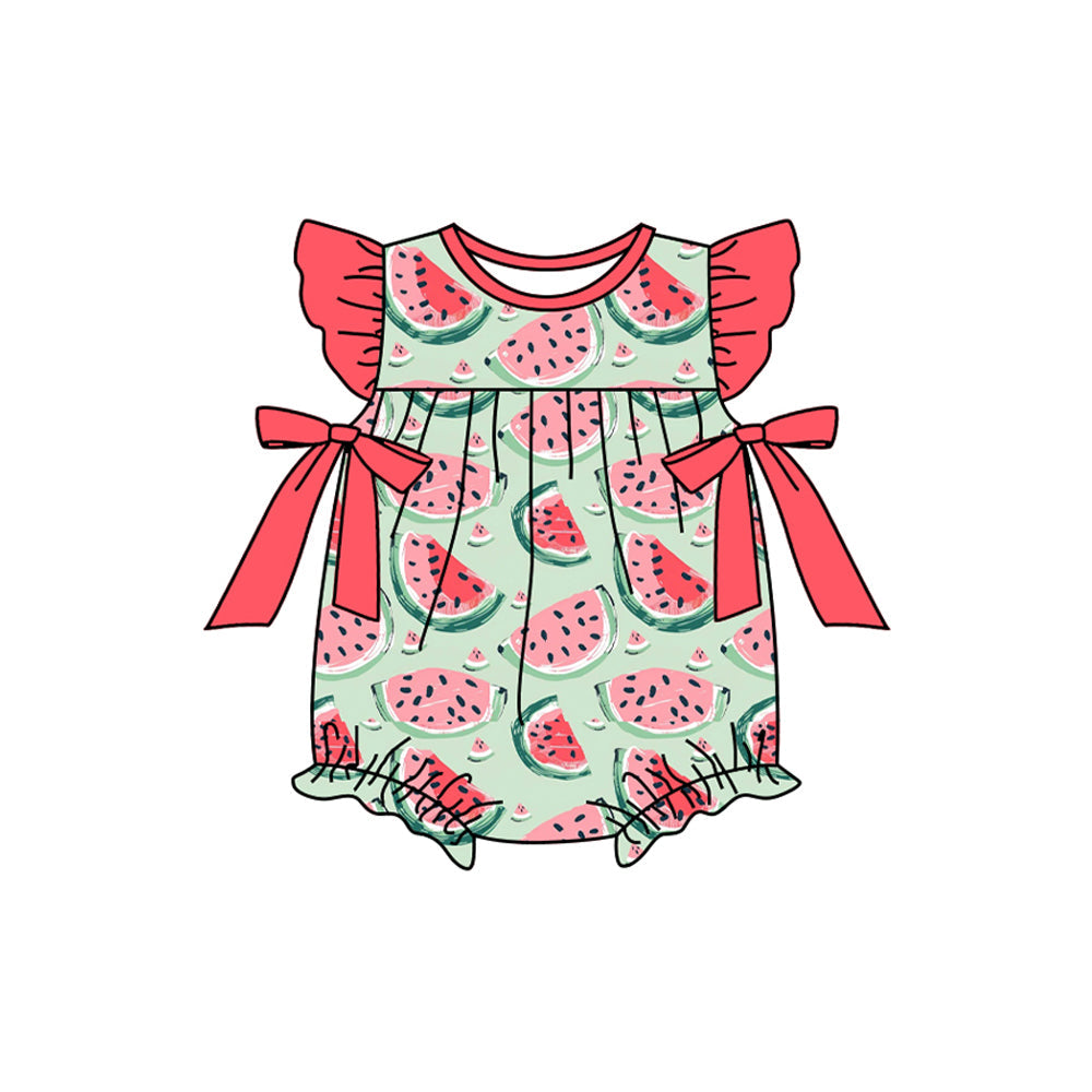 Preorder Baby Girl Infant Short Sleeves Summer Watermelon Bows Bubble Romper