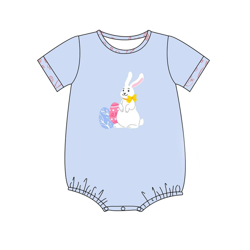 Preorder Baby Boy Infant Short Sleeves Easter Blue Rabbit Eggs Bubble Romper