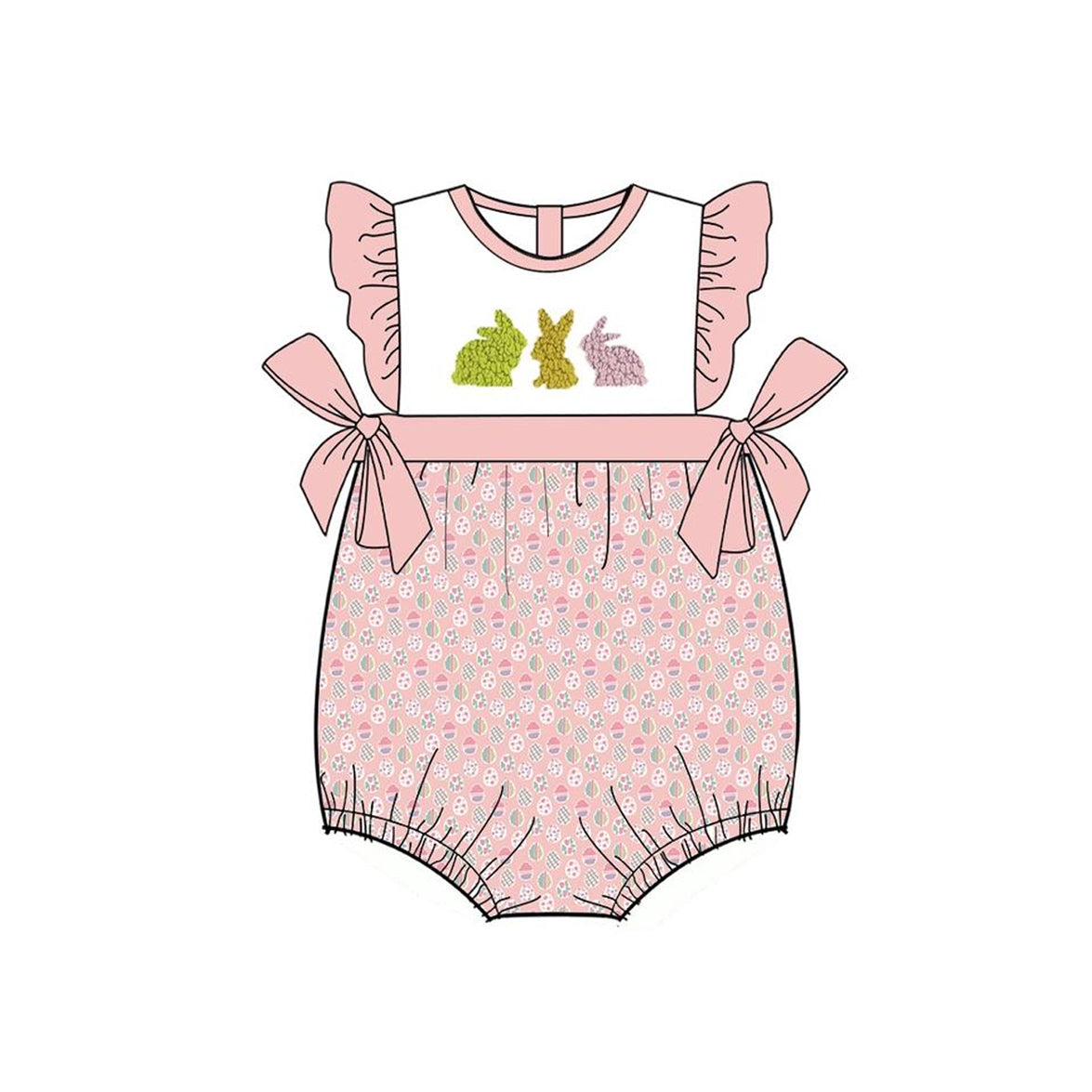 Preorder Baby Girl Infant Short Sleeves Easter Eggs Rabbit Bows Bubble Romper