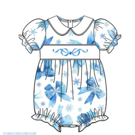 Preorder Baby Girl Infant Short Sleeves Blue Bows Bubble Romper