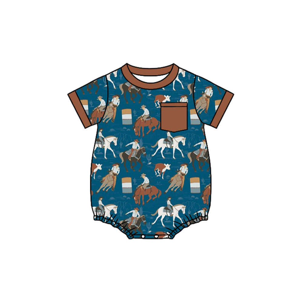 Preorder Baby Boy Infant Short Sleeves Western Rodeo Pocket Bubble Romper