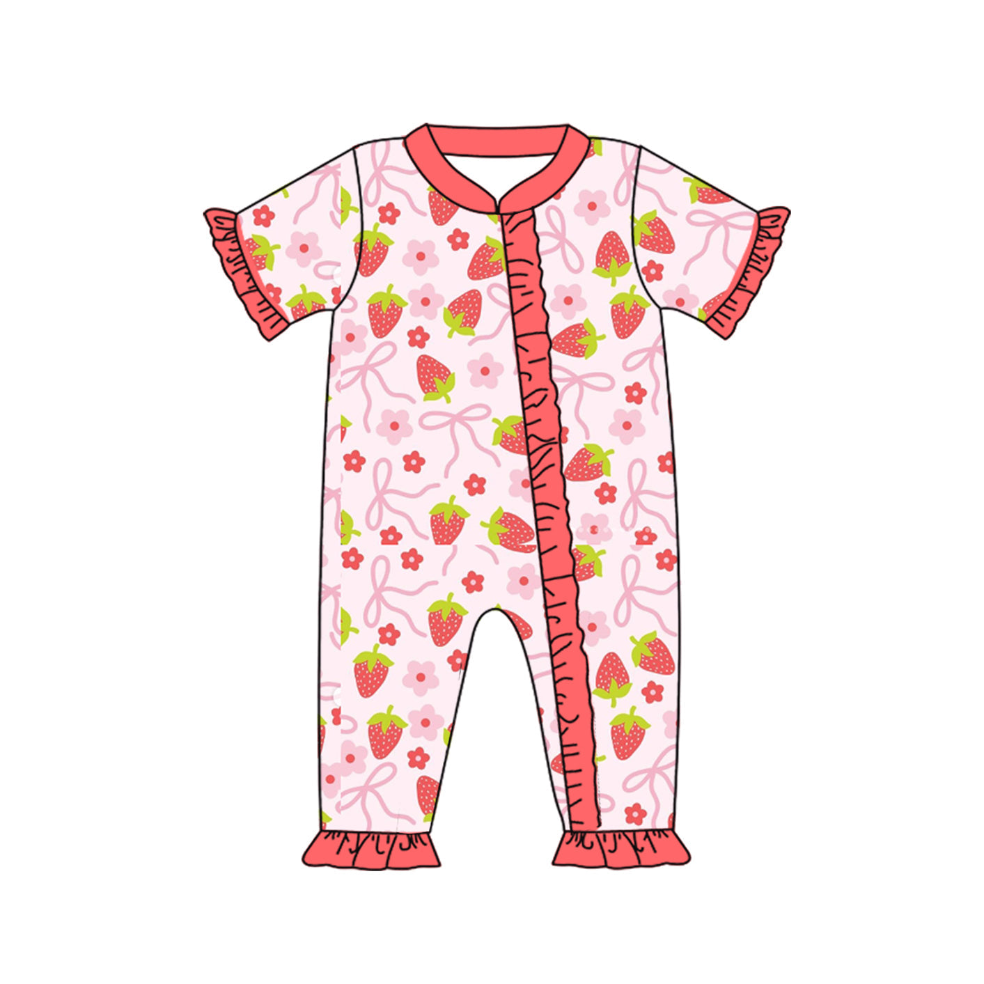 Preorder Baby Girl Infant Short Sleeves Bows Strawberry Zipper Romper