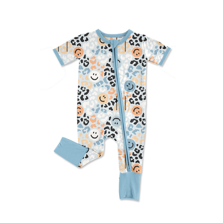 Preorder Baby Kids Infant Short Sleeves Leopard Smile Zipper Romper