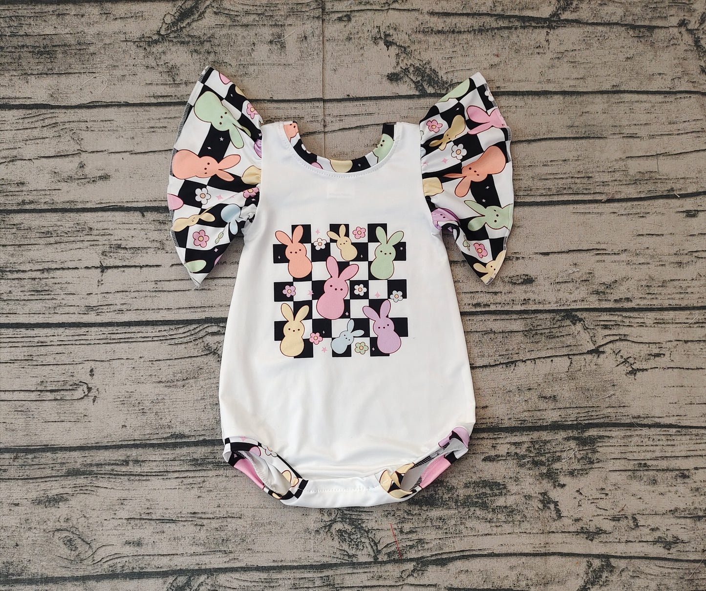 Baby Girl Infant Short Sleeves Easter Checkered Rabbit Bubble Romper
