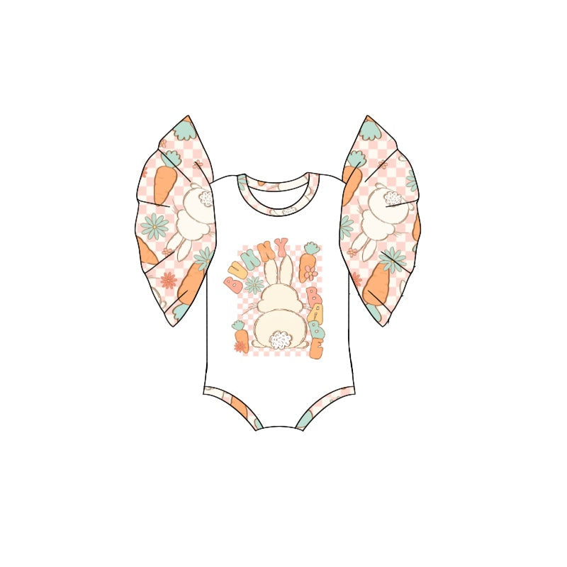 Preorder Baby Girl Infant Short Sleeves Easter Checkered Rabbit Carrot Bubble Romper