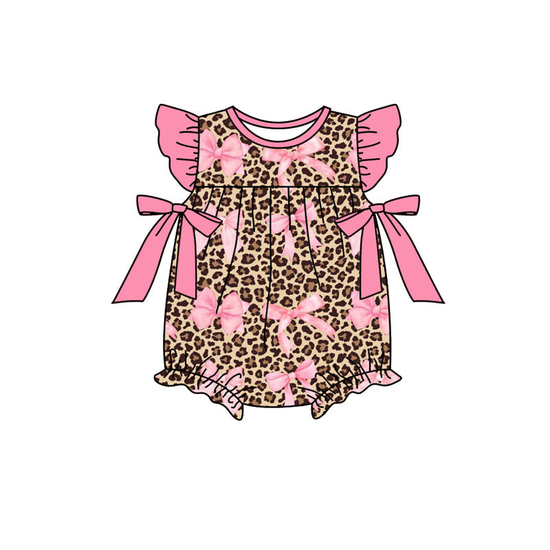 Preorder Baby Girl Infant Short Sleeves Leopard Pink Bows Bubble Romper