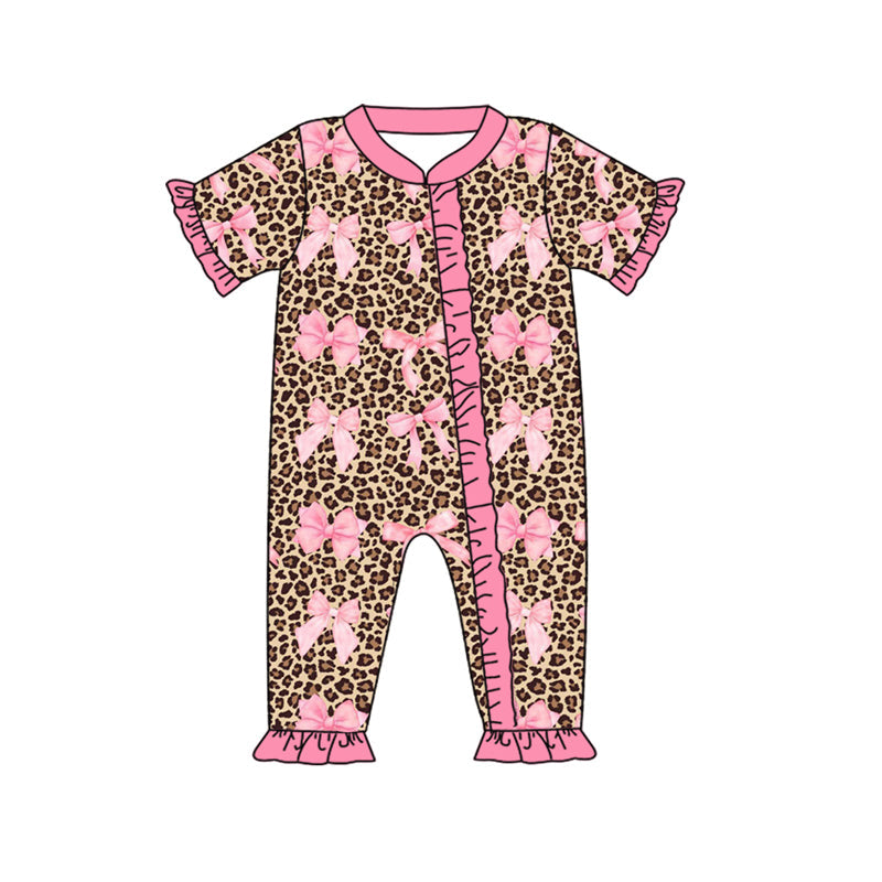 Preorder Baby Girl Infant Short Sleeves Leopard Pink Bows Zipper Romper
