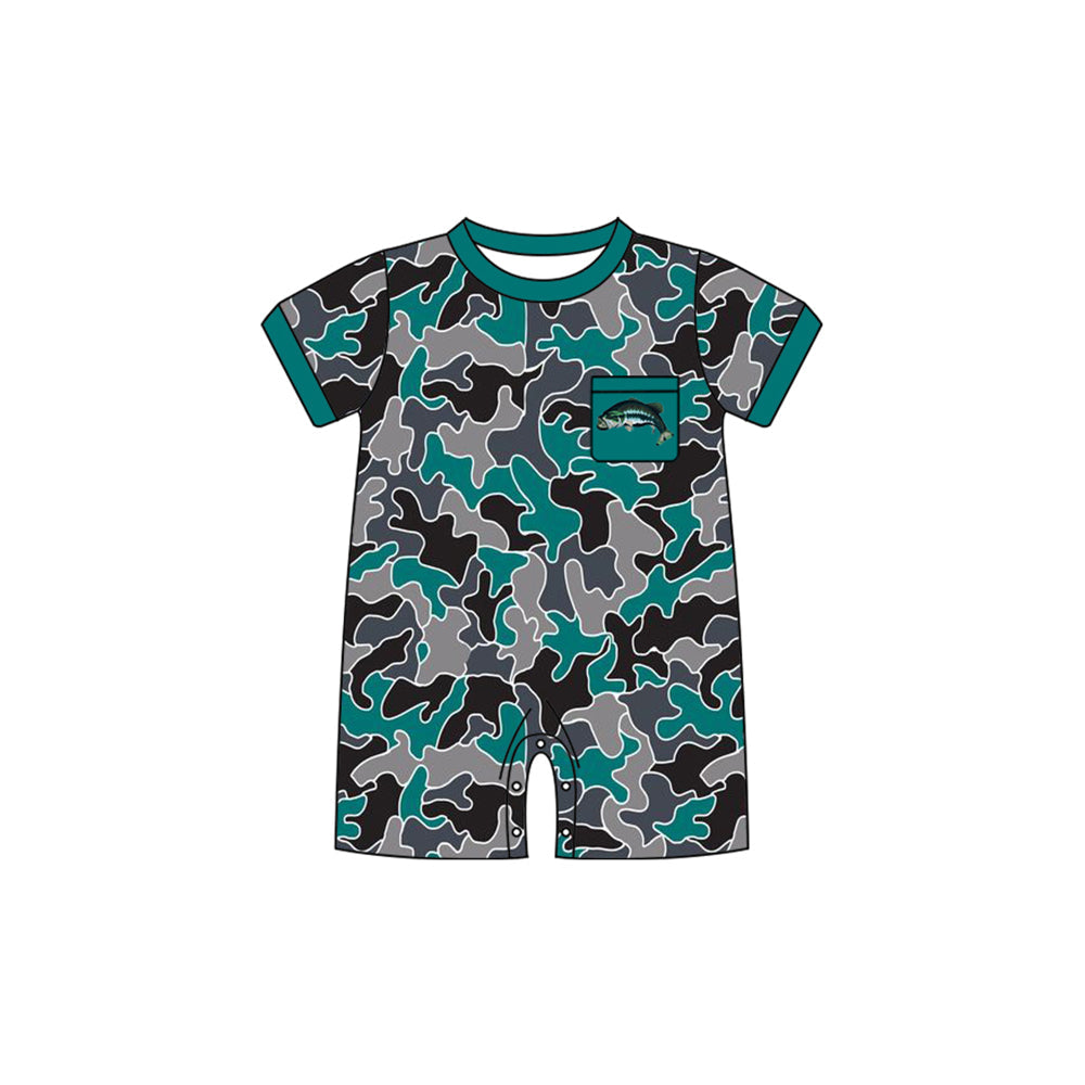 Preorder Baby Boy Infant Short Sleeves Camo Fish Buttons Romper