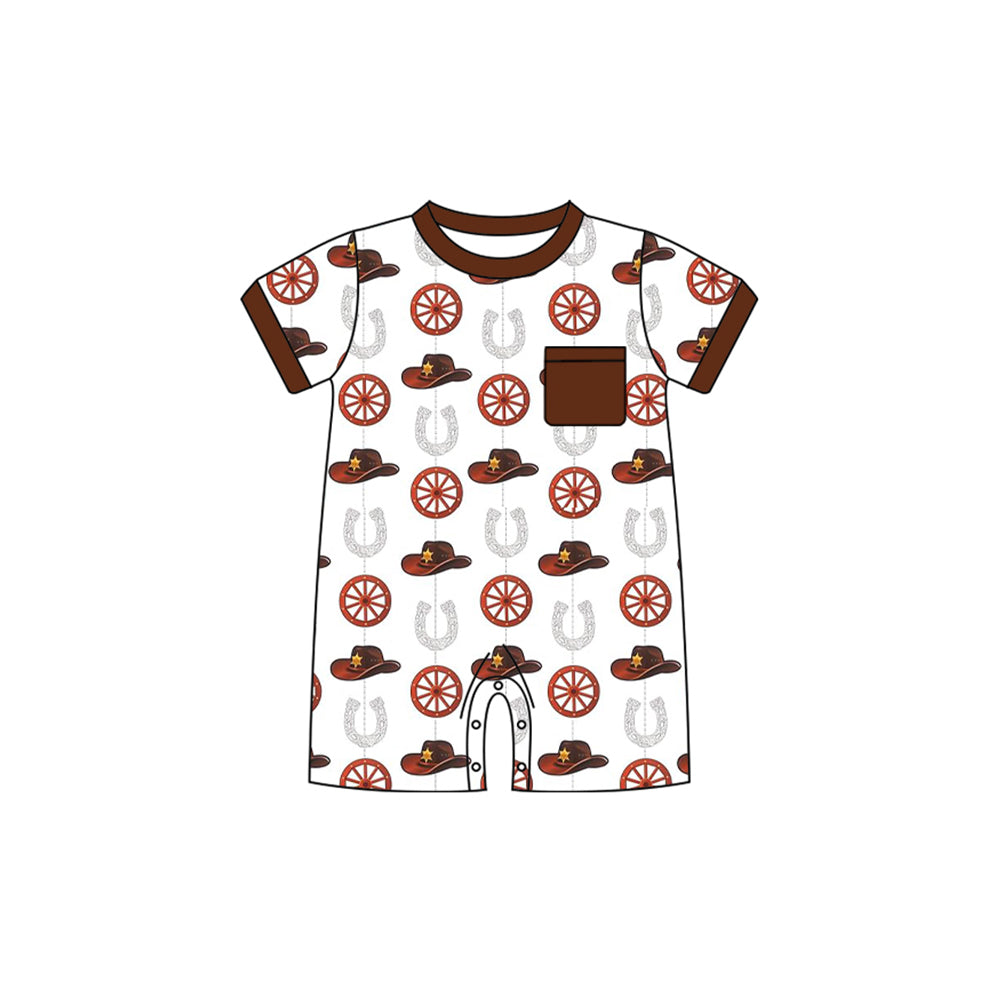 Preorder Baby Boy Infant Short Sleeves Hats Western Horse Buttons Romper