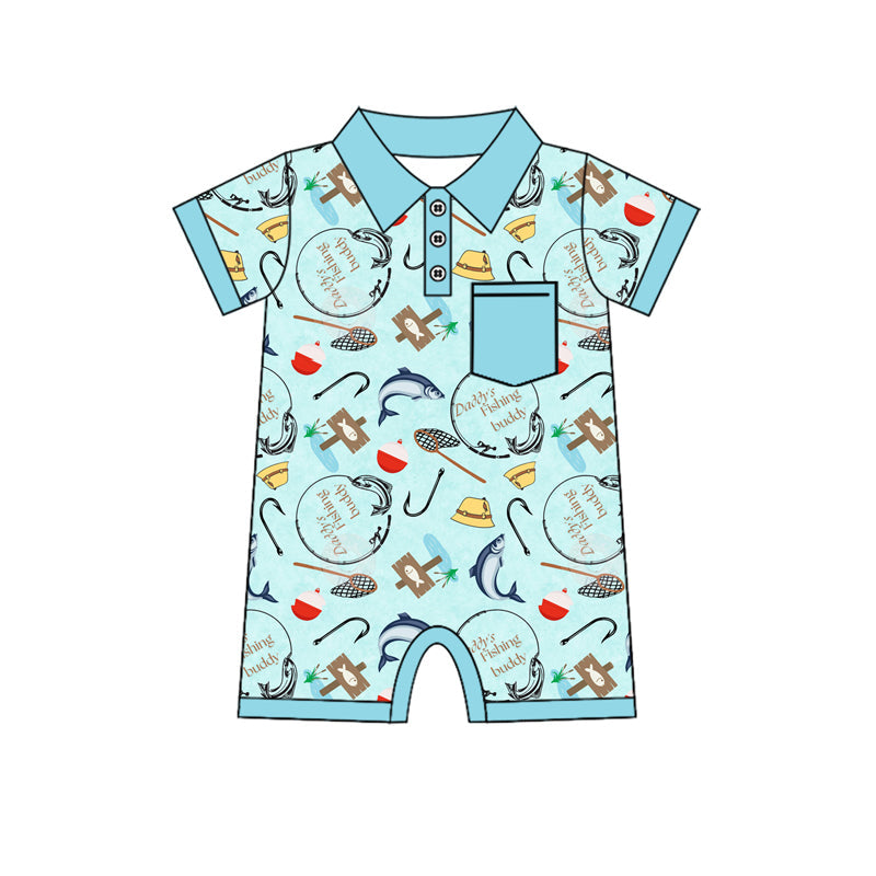 Preorder Baby Boy Infant Short Sleeves Fishing Buttons Blue Romper