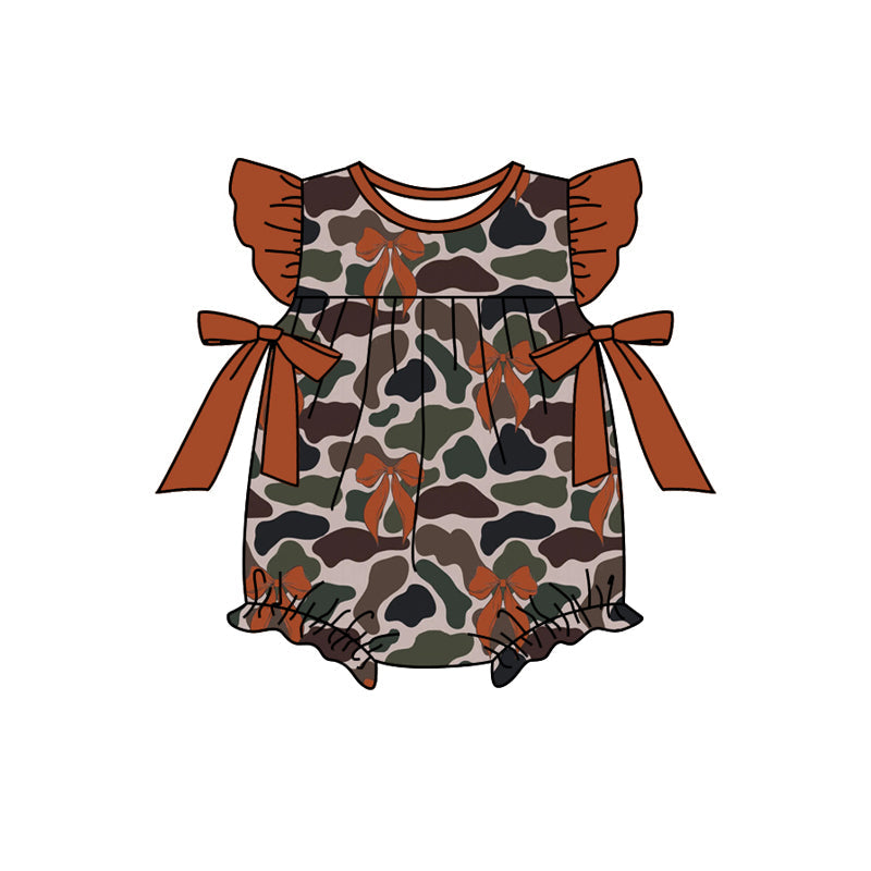 Preorder Baby Girl Infant Short Sleeves Camo Brown Bows Bubble Ruffle Romper