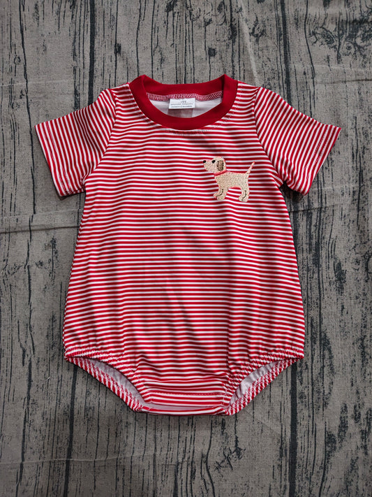 ( No moq ) Preorder Baby Boy Infant Short Sleeves Red Stripes Embroidery Dog Bubble Romper