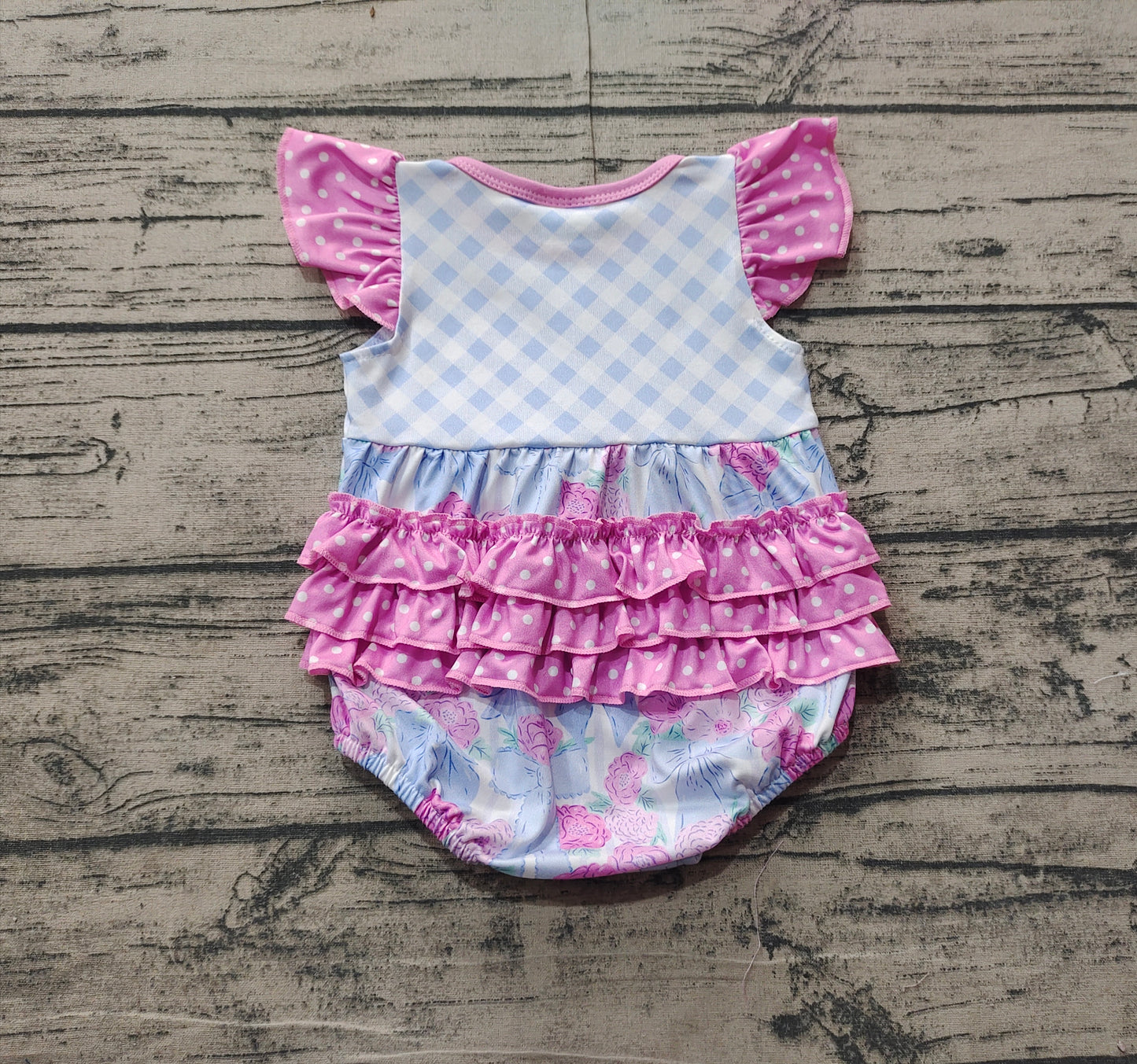 Baby Girl Infant Short Sleeves Plaid Flower Bows Bubble Romper