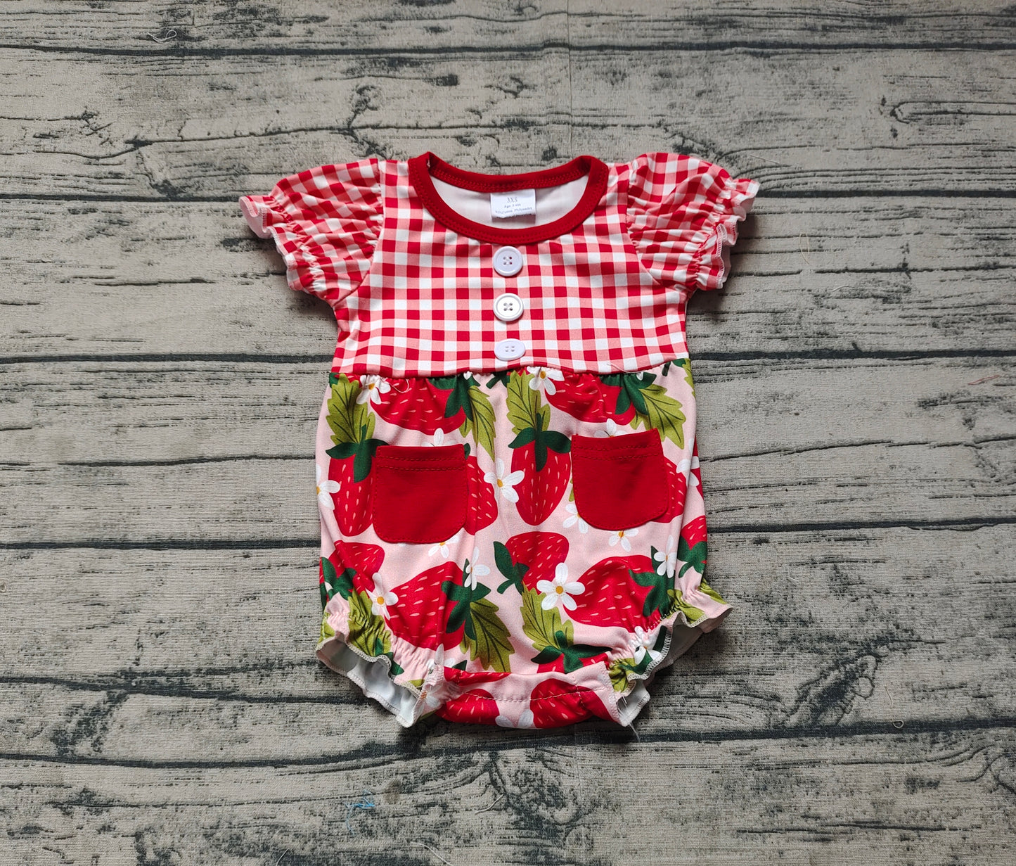 Baby Girl Short Sleeves Infant Red Plaid Strawberry Bubble Romper RTS